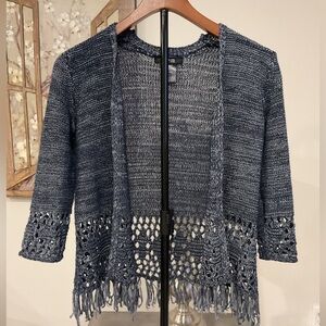 Crochet denim blue  acrylic sweater with 3/4 sleeves and fringed bottom